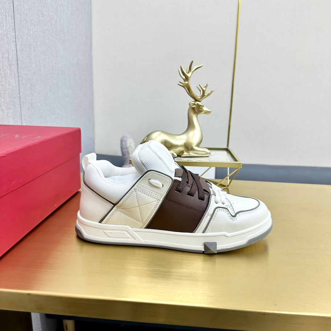 One Stud Sneaker Garavani Calfskin Fabric Brown White