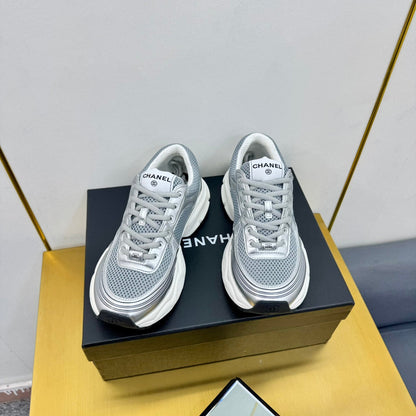 CC Logo Sneakers Sliver Calfskin Mesh Fabric 927339
