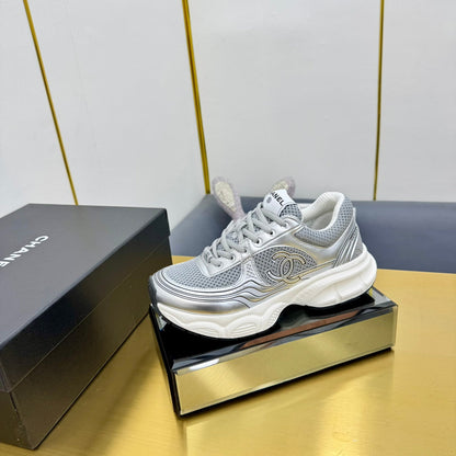 CC Logo Sneakers Sliver Calfskin Mesh Fabric 927339