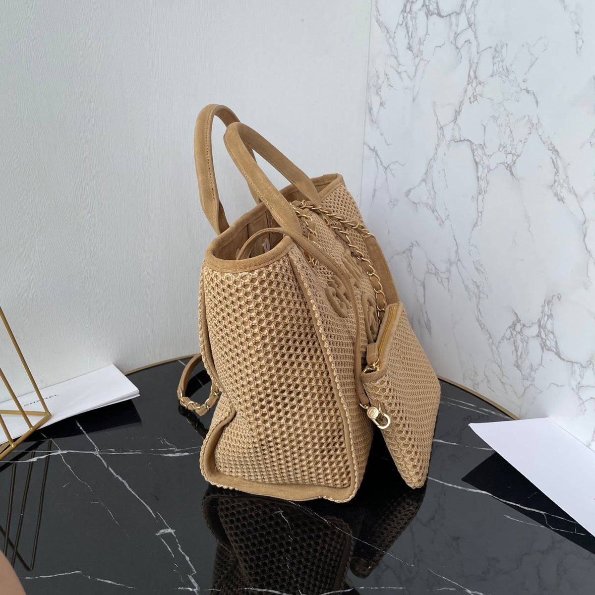 CC 25 Deauville Tote Bag 34cm Beige Crochet Suede
