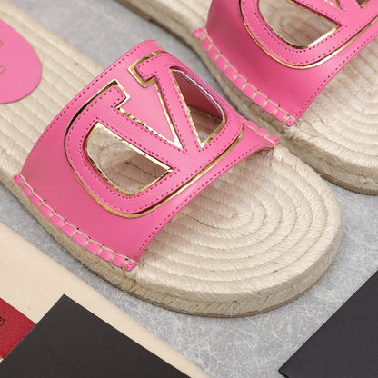 Vlogo Cut-Out Slide 20 Pink Calfskin Beige Sole Raffia