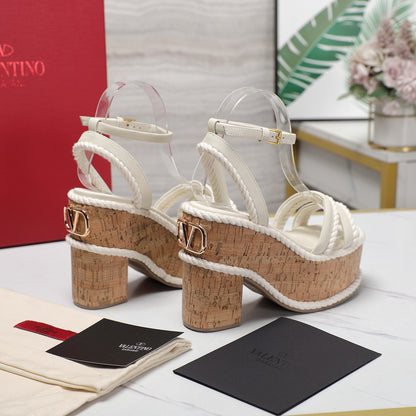 Valentino Garavani VLogo Summerblocks Wedge Sandals 115mm White Mix Brown Cowhide And Nylon Rope 821111