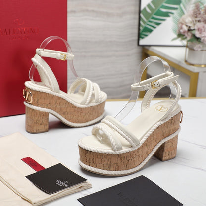 Valentino Garavani VLogo Summerblocks Wedge Sandals 115mm White Mix Brown Cowhide And Nylon Rope 821111