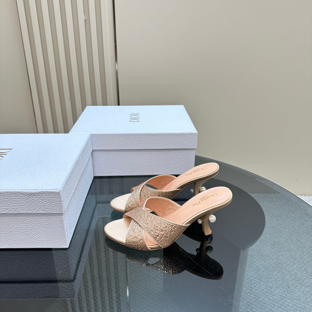 CD Tribales Heeled Slide 80mm Beige Lambskin And Studded With Stones