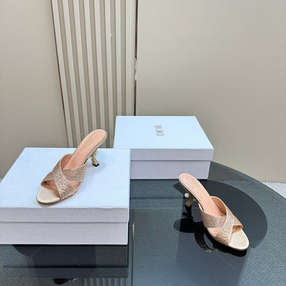 CD Tribales Heeled Slide 80mm Beige Lambskin And Studded With Stones