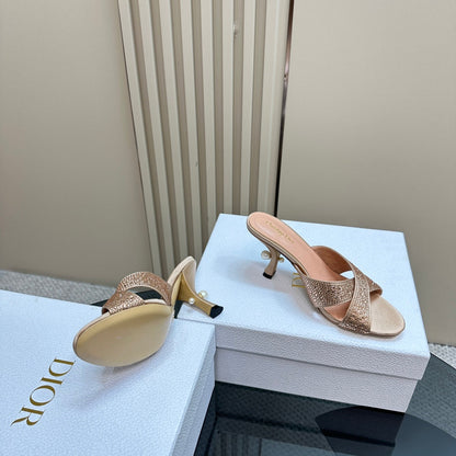 CD Tribales Heeled Slide 80mm Beige Lambskin And Studded With Stones