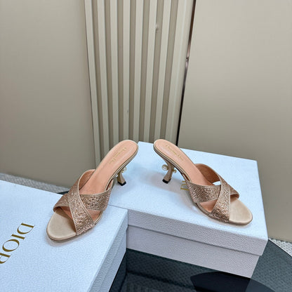 CD Tribales Heeled Slide 80mm Beige Lambskin And Studded With Stones