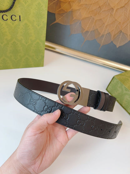 Gucci Supreme Belt Blunt Copper Buckle 37mm Black Embossed Leather