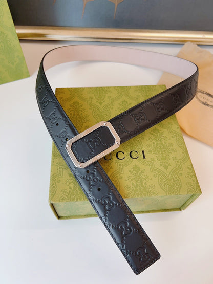 Gucci Signature Belt Sliver Buckle 35mm Black Embossed Leather