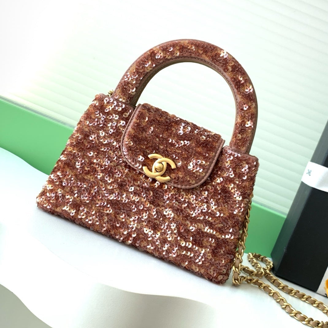 Chanel 2025 Kelly Bag 19cm Pinkish-brown Sequin Leather 319629