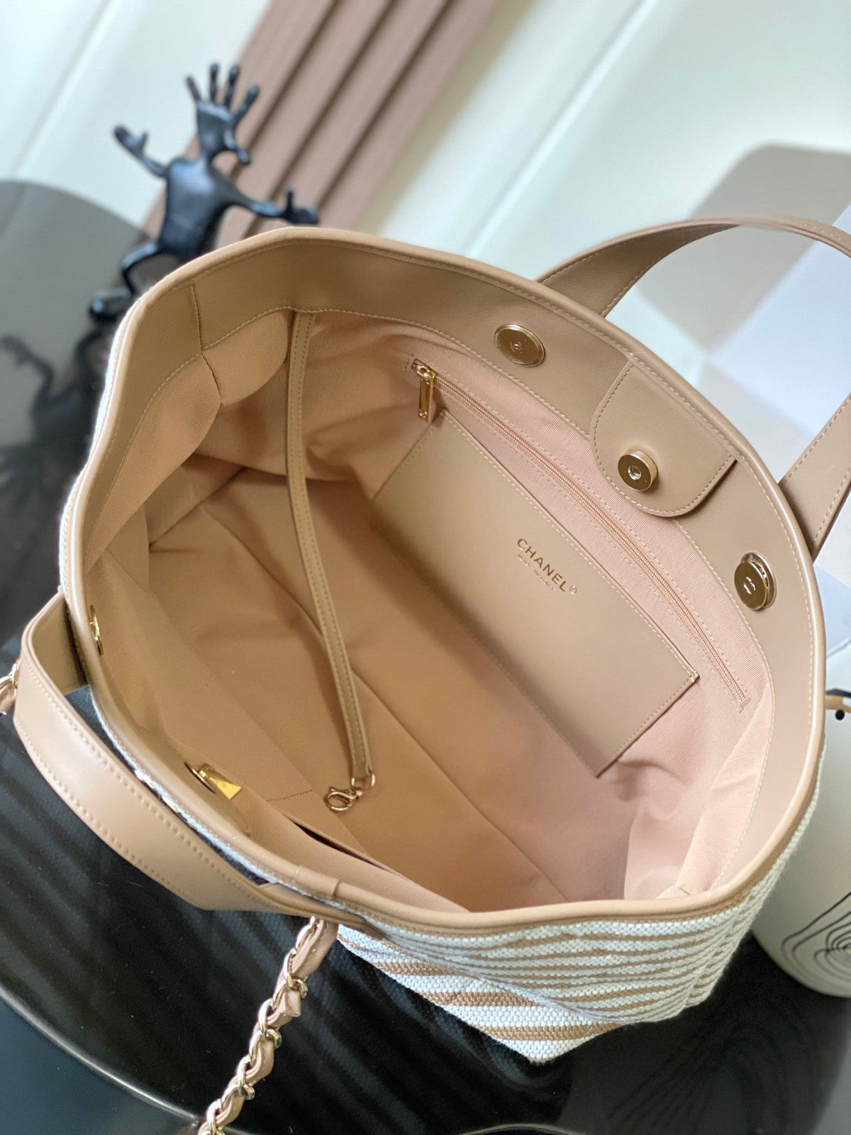 Chanel 2026 Deauville Tote Bag 46cm Beige mix White Canvas Leather 331126