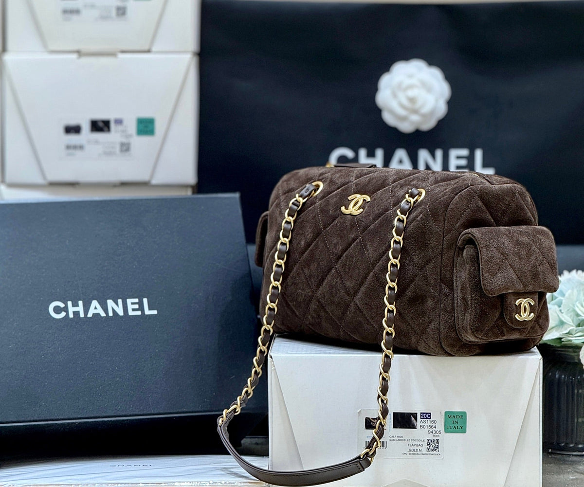 Chanel 2025 Bowling Bag 24cm Dark Brown Suede 345137
