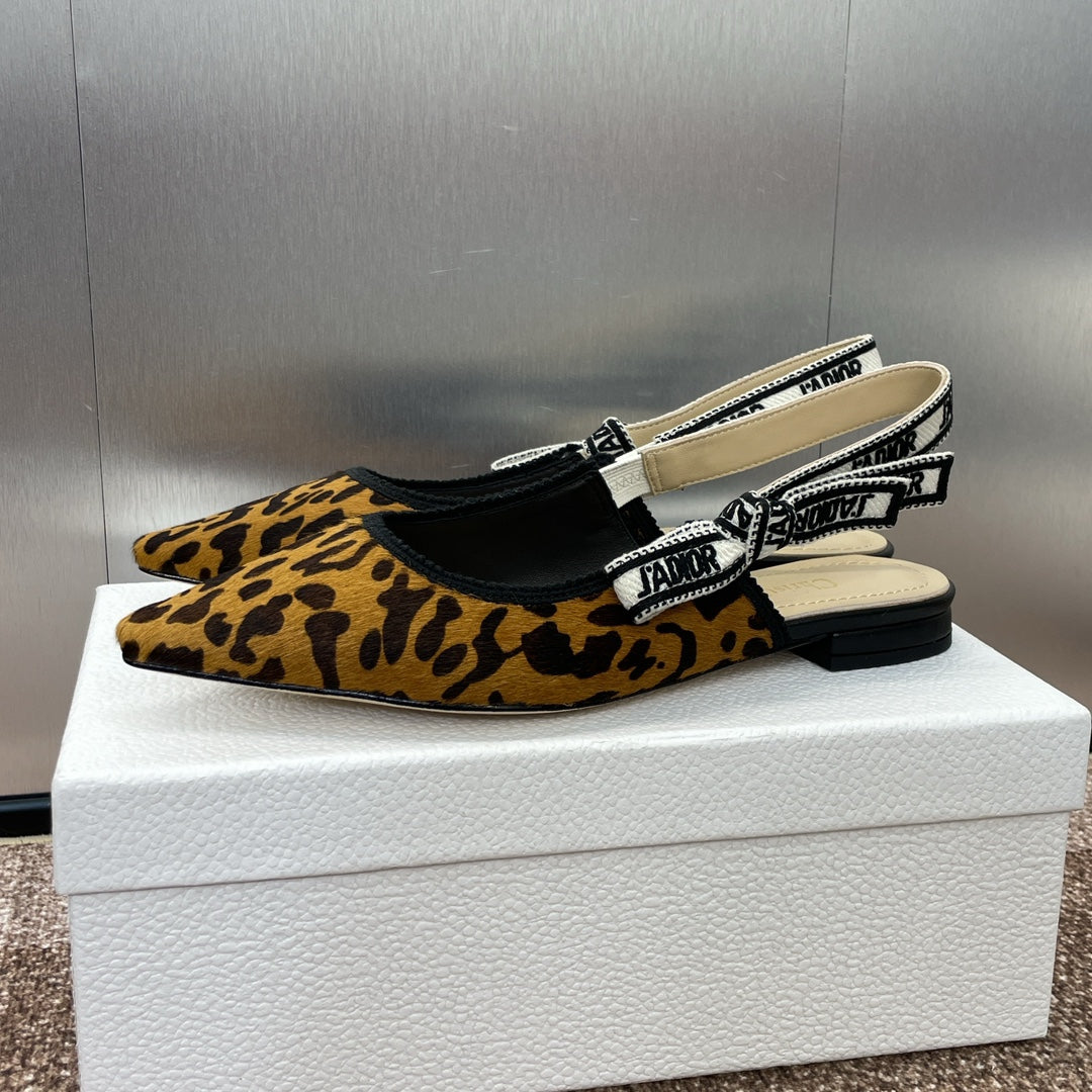 CD J'Adior Slingback Flat Leopard Print Yellow Black Nubuck Leather