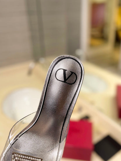 HIGH MULE 60MM IN SILVER SHEEPSKIN AND TRANSPARENT PVC