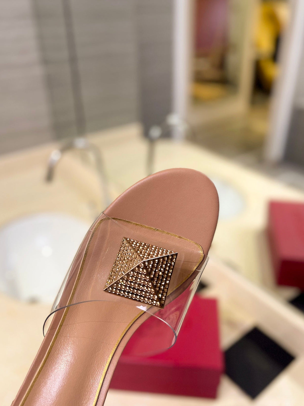 HIGH MULE 60MM IN CAMEL BEIGE SHEEPSKIN AND TRANSPARENT PVC