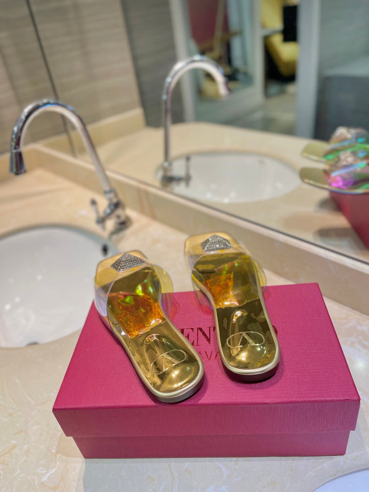 Valentino 26s Flat Slides Gold Lambskin With Crystal