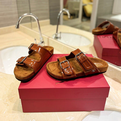 VT 26s Fussfriend Two Strap Sandals Brown Patent Leather Suede 985405
