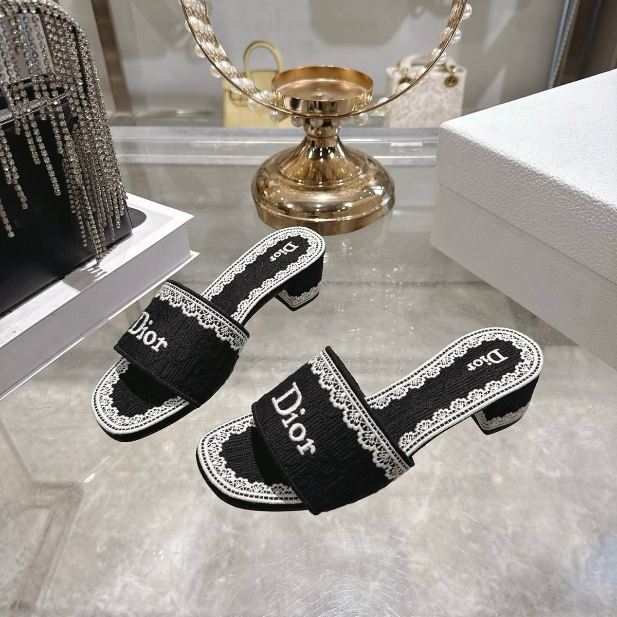 CD 26 Embroidered Sandals 45mm Black White Canvas 592240