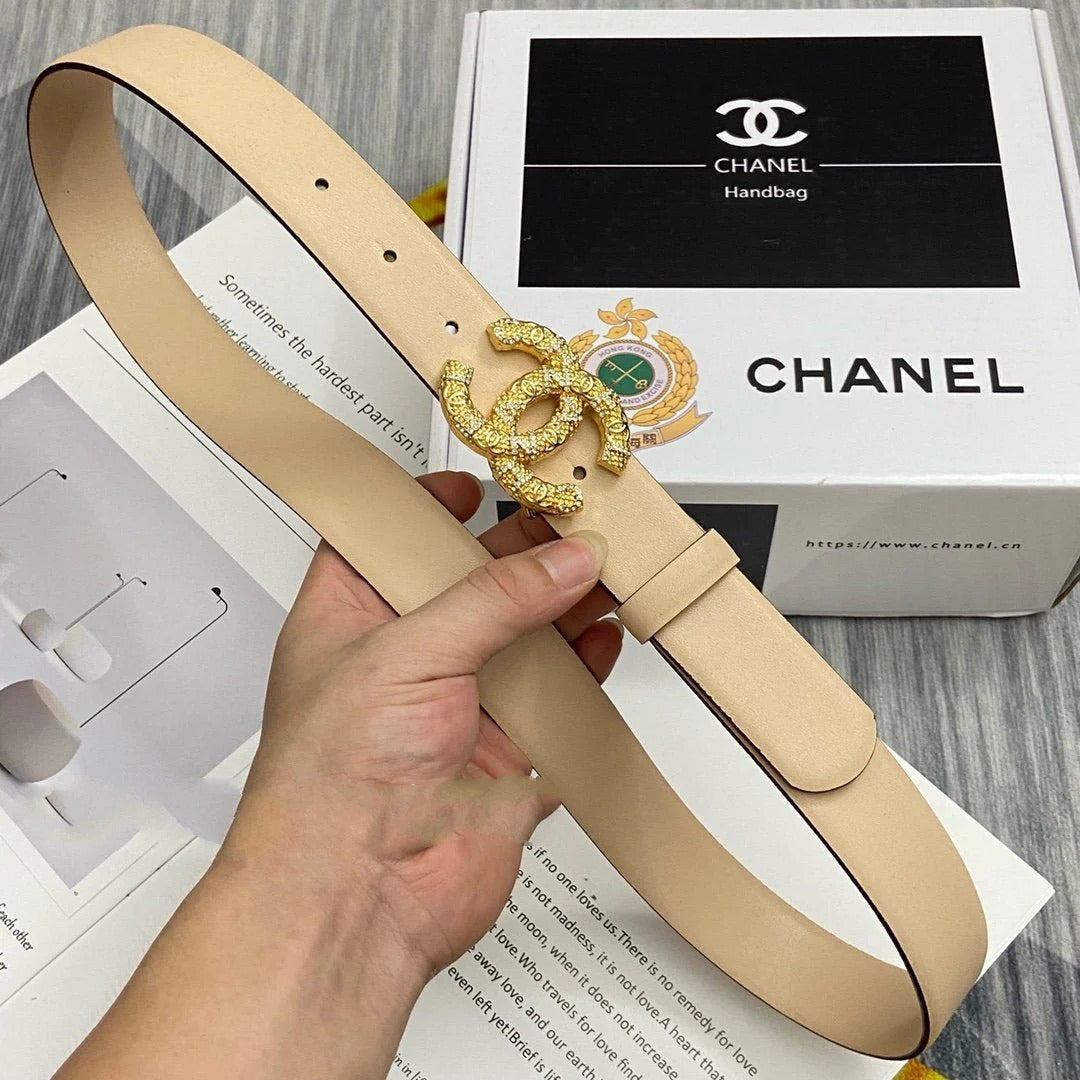 CC Women's Belt 3.0CM Beige Cowhide Gold Buckle 586526