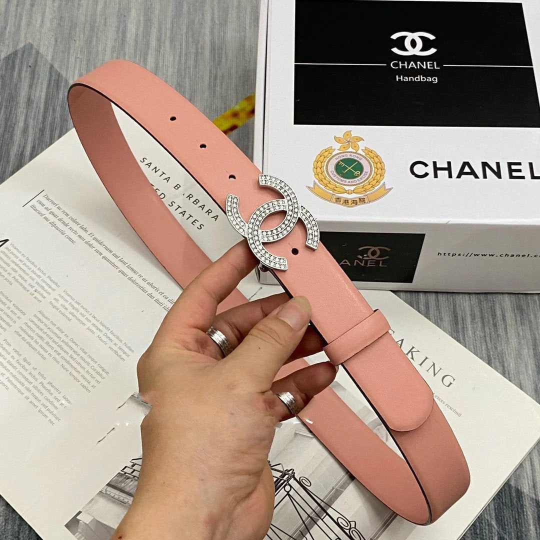 CC Women's Belt 3.0CM Pink Cowhide Sliver Diamond Buckle 586516