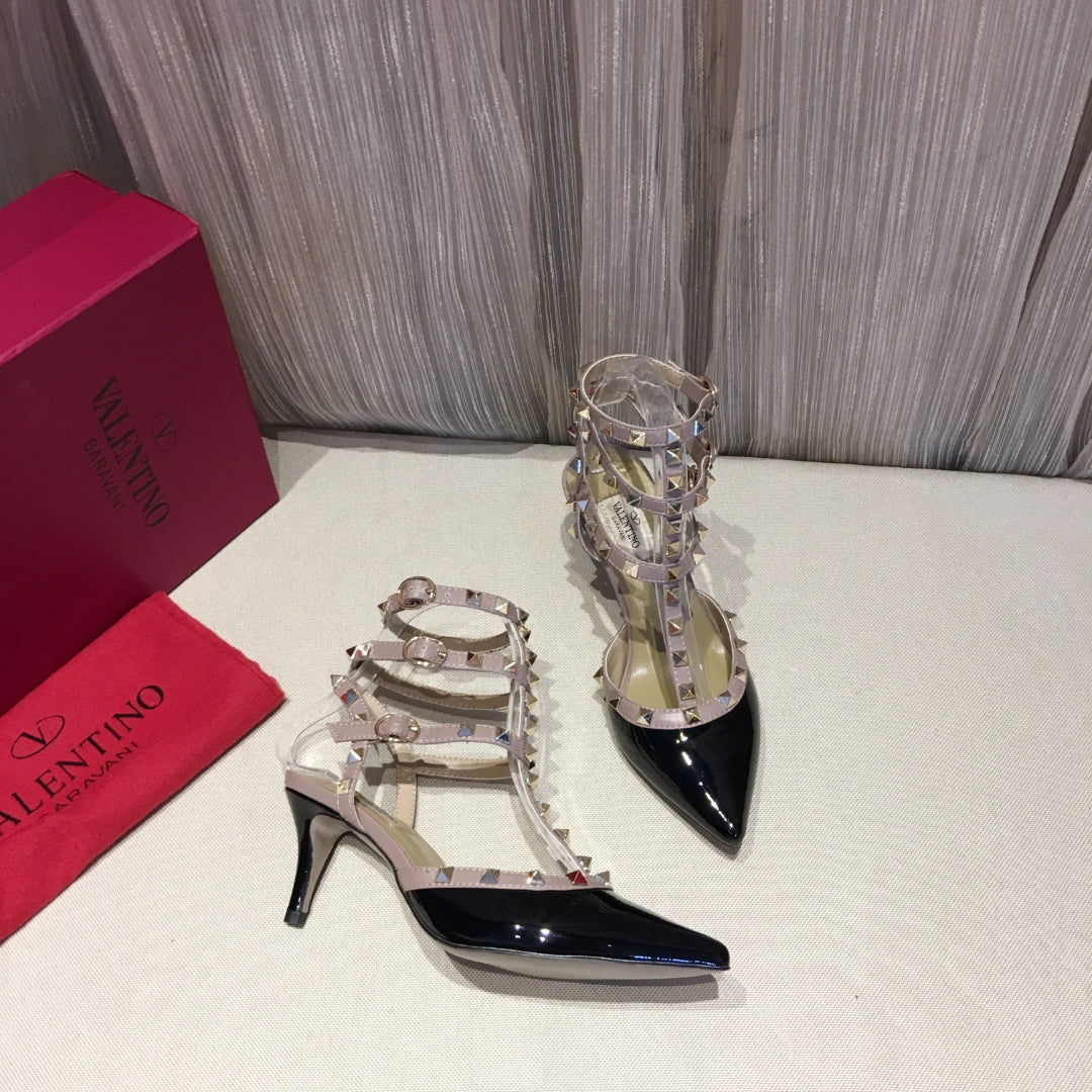 Valentino Rockstud Caged Pumps 65mm Black mix Nude Patent Leather 239637