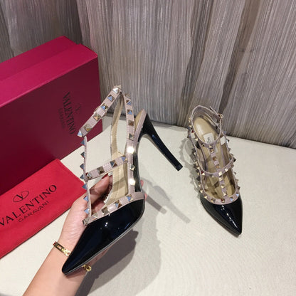 Valentino Rockstud Caged Pumps 100mm Black mix Nude Patent Leather 239638