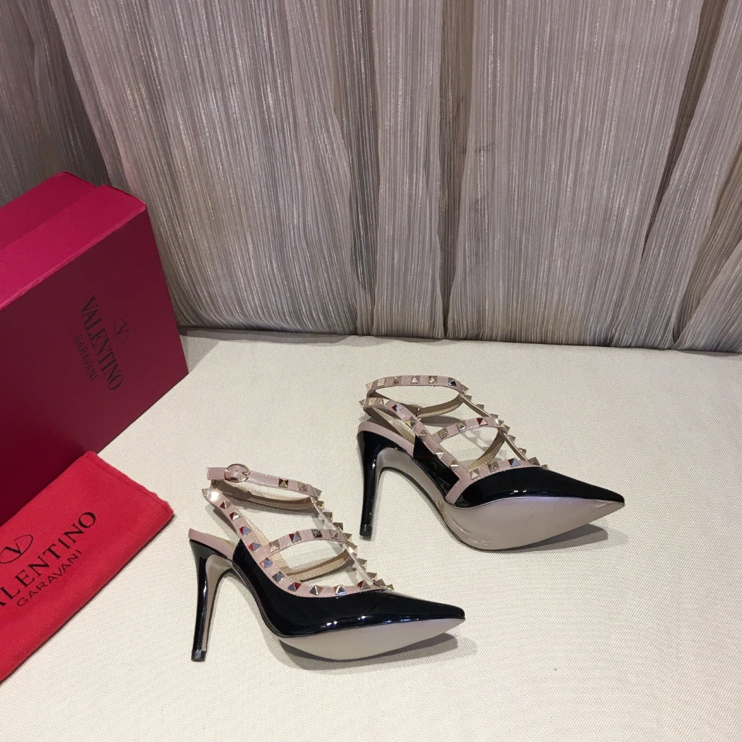 Valentino Rockstud Caged Pumps 100mm Black mix Nude Patent Leather 239638