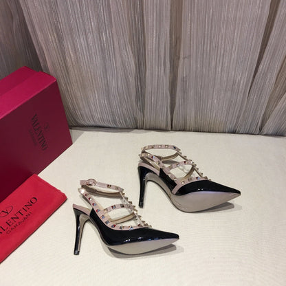 Valentino Rockstud Caged Pumps 100mm Black mix Nude Patent Leather 239638