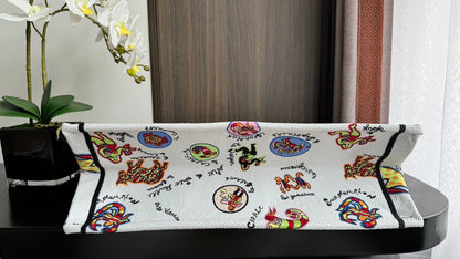 Large CD Book Tote 42cm White Multicolor Dragon Zodiac Embroidery