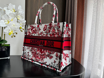 Medium CD Book Tote 36cm White and Red Heart Butterfly Embroidery