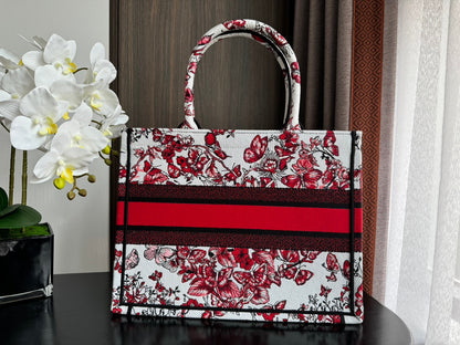 Medium CD Book Tote 36cm White and Red Heart Butterfly Embroidery
