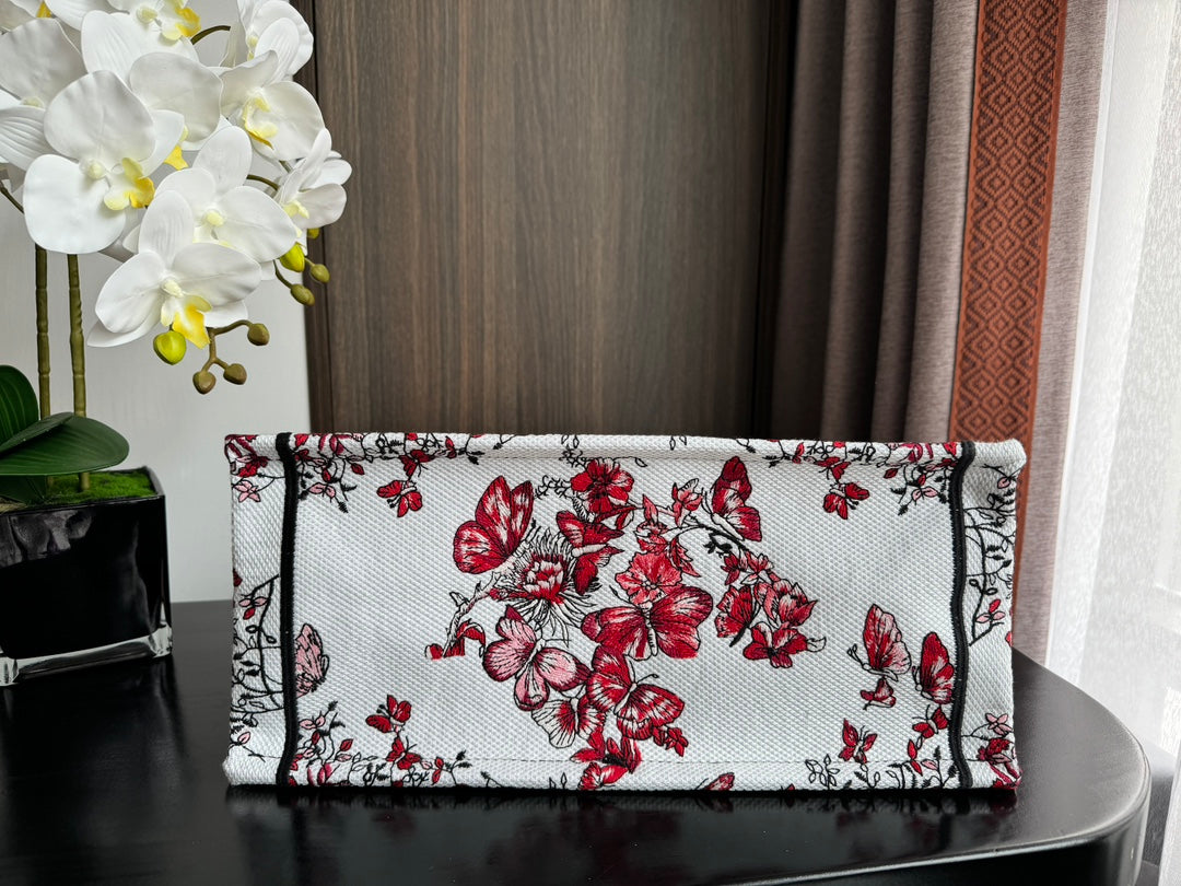 Medium CD Book Tote 36cm White and Red Heart Butterfly Embroidery