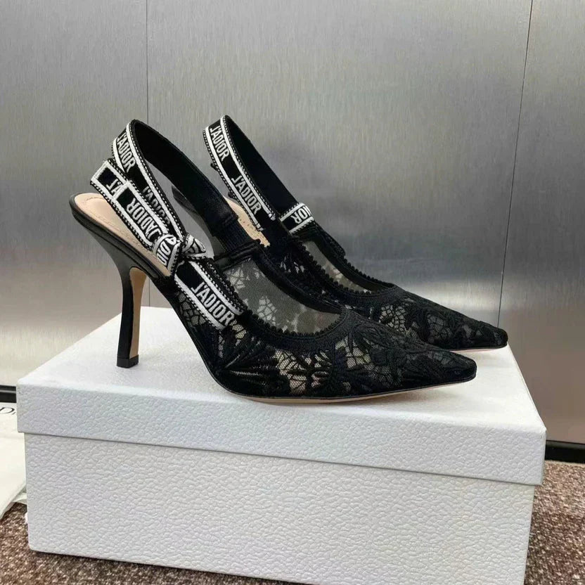 CD J'Adior Slingback Pumps 95mm Black Embroidered Mesh