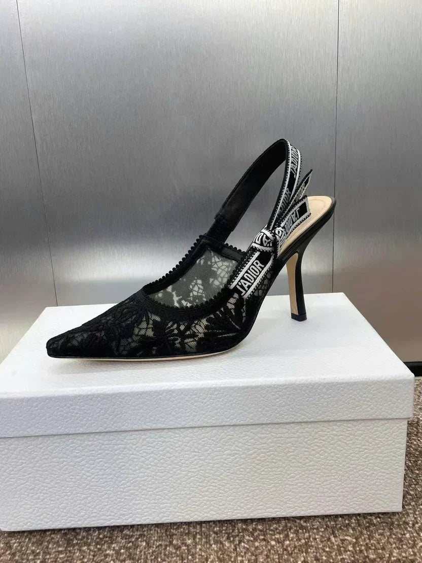 CD J'Adior Slingback Pumps 95mm Black Embroidered Mesh